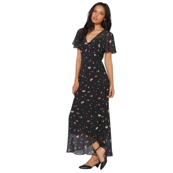 Betsey‎ Johnson x UO Vintage Black Floral Maxi Dress S Flutter Sleeve Boho